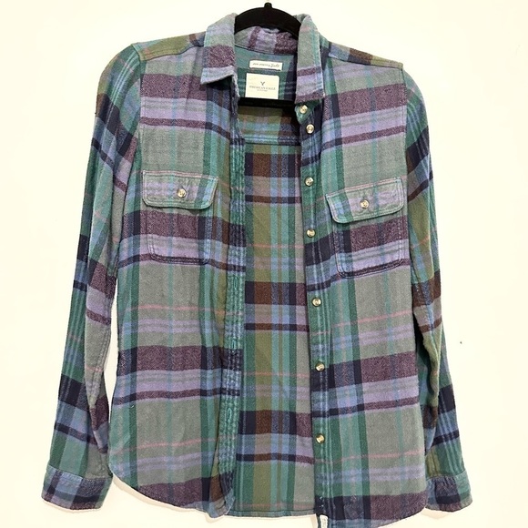American Eagle Ahh-Mazingly Soft Classic Fit Plaid Button Up Shirt Green XS - Picture 1 of 4